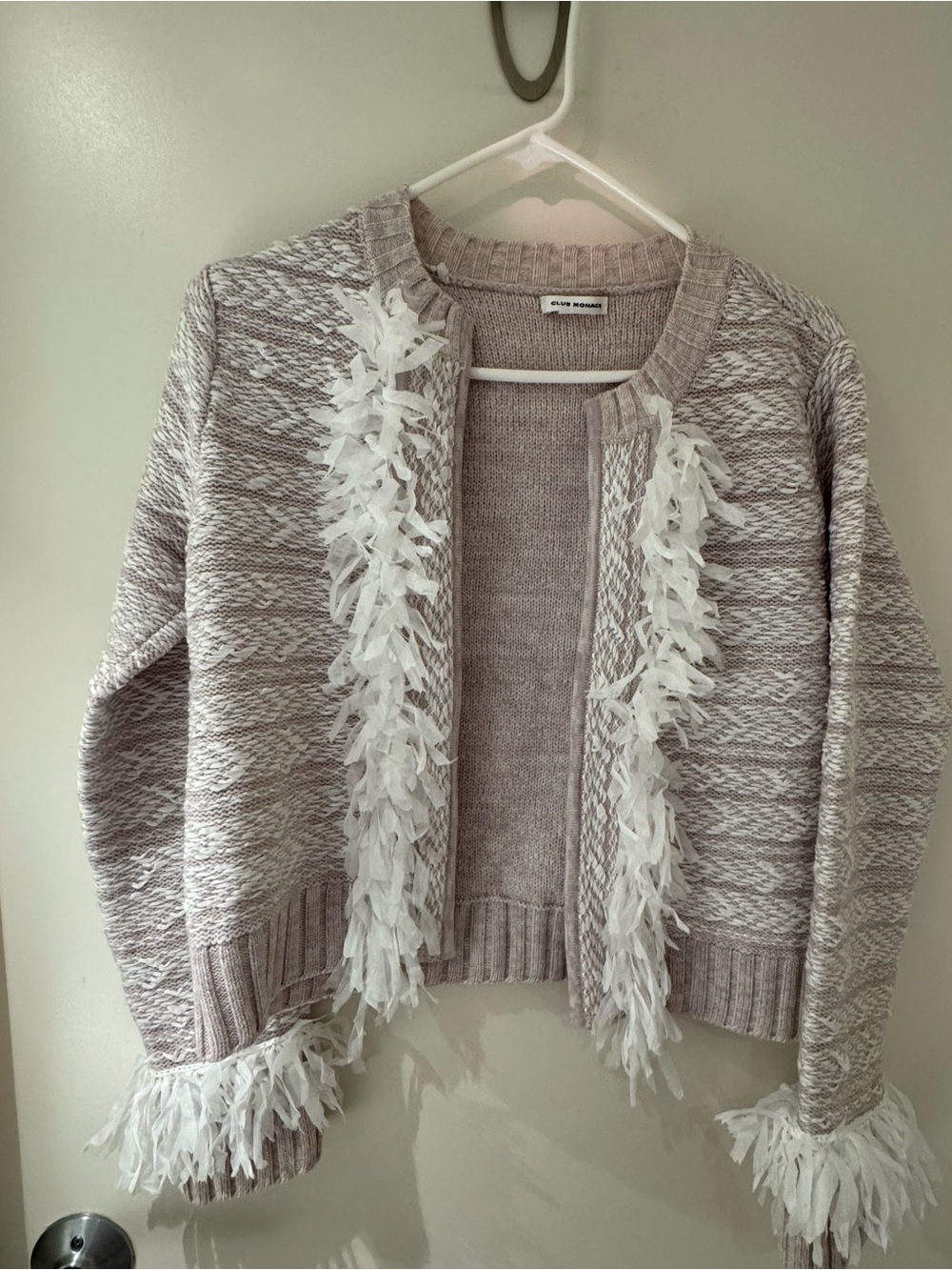 Club Monaco Feather-Trim Open Knit Cardigan in Light Mauve and White